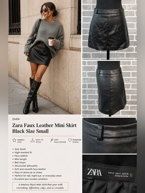 Zara Faux Leather Mini Skirt Black Size Small High Waist Minimal Chic